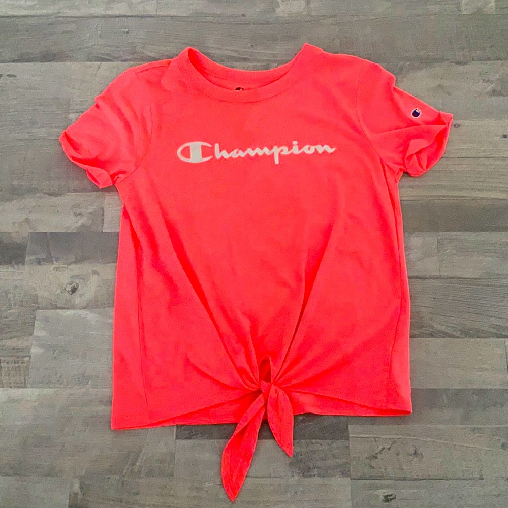 Champion shirt, neon pink, kids size medium.